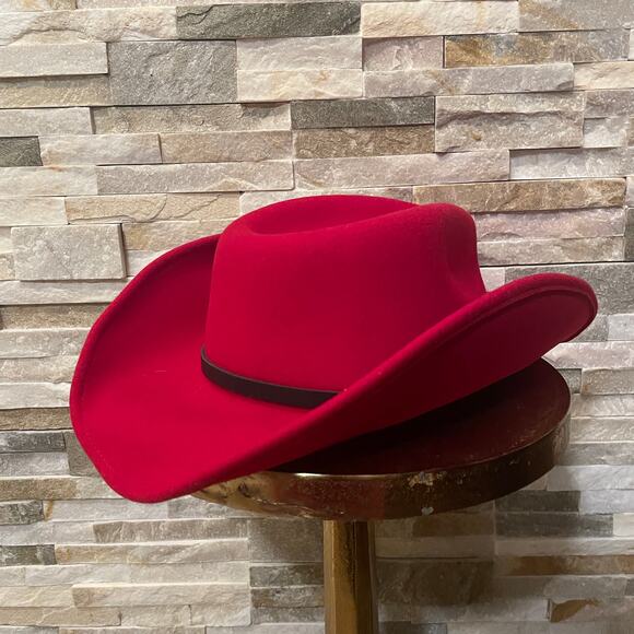 Red 100% Wool USA Fedora Hat L | Feather Holiday Western Revival Nashville - Picture 9 of 11
